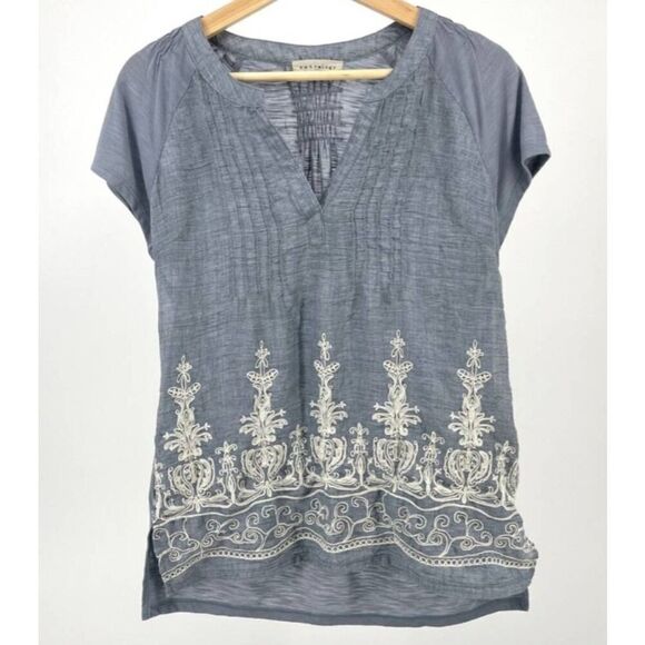 Retrology Grey/Blue V Cut Sheer soft Blouse with front embroidery Size LARGE - Picture 1 of 7